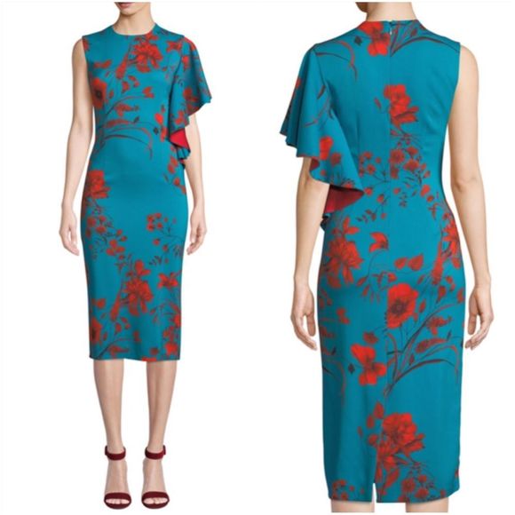 Sachin Babi April Floral Dress w One Draped Sleeve - Picture 2 of 16